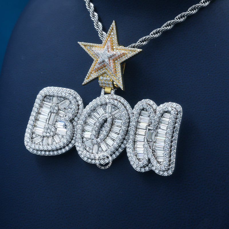 CUSTOM 3INCHES S925 SILVER TWO-TONE ICED OUT D VVS MOISSANITE DIAMOND “BON” LETTER RAPPER HIP HOP PENDANT