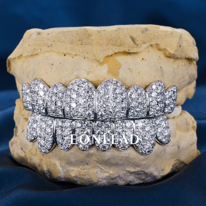 Custom S925 Silver White Gold Plated Top & Bottom 8 Flawless Moissanite Diamond Deep cut Honeycomb Setting Teeth Grillz