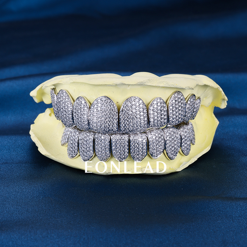 Custom Top & Bottom 10  S925 Silver White Gold Plated VVS Moissanite Diamond Iced out Teeth Grillz