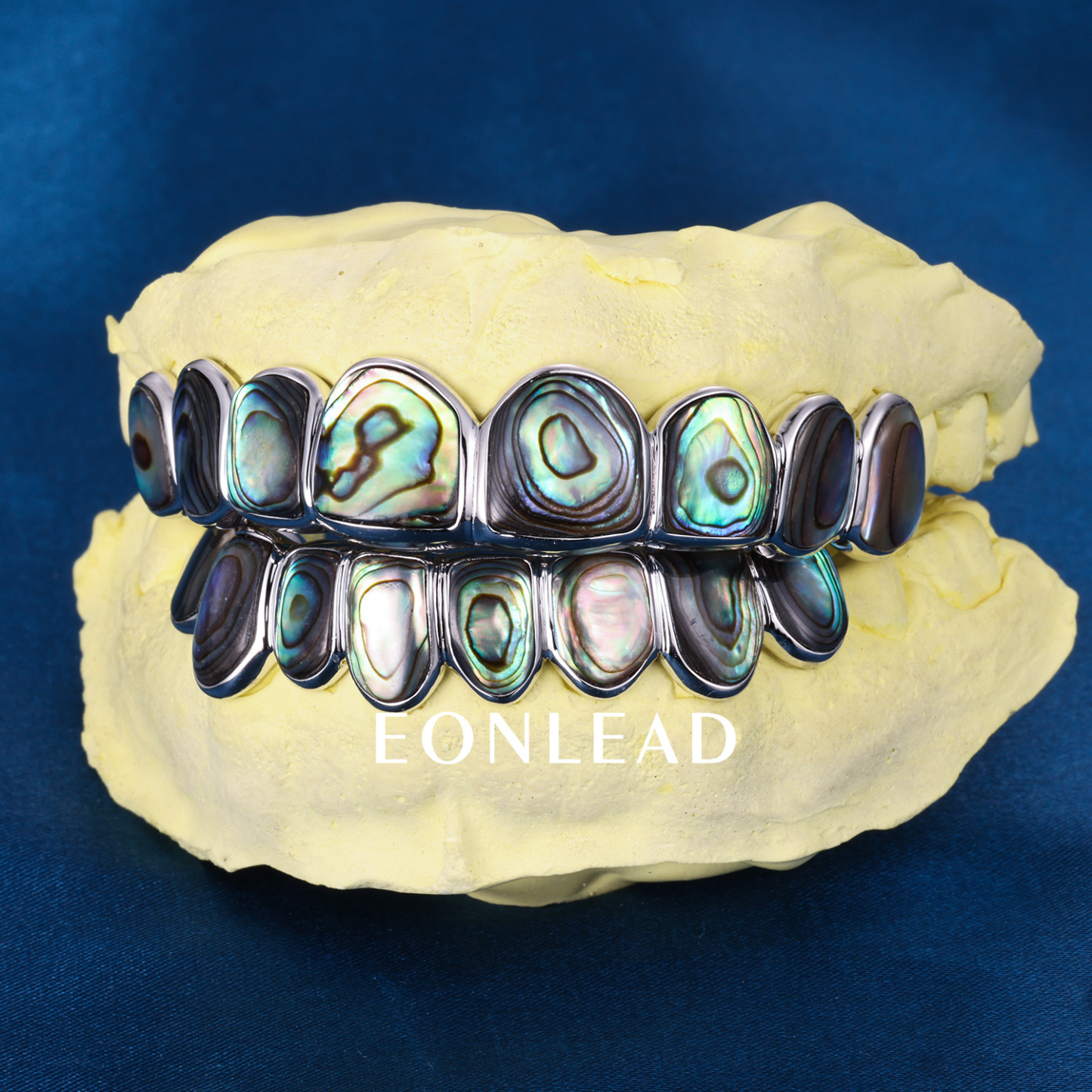 Custom Top & Bottom 8  S925 Silver White Gold Plated Abalone Teeth Grillz