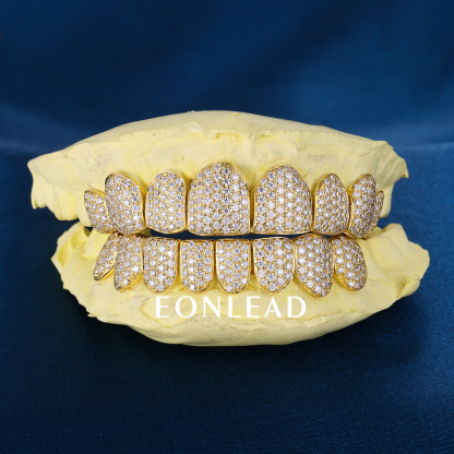 Custom Top & Bottom 8 S925 Silver Yellow Gold Plated VVS Moissanite Diamond Perm Cut Honeycomb Setting Teeth Grillz