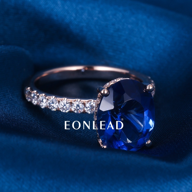 Oval Cut Lab Created Blue Sapphire Engagement Ring Rose Gold Plated Full Paved Lab Diamond Band Four Prong Large Blue Gemstone Wedding Promise Ring For Women Fine Jewelry