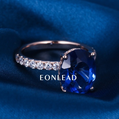 Oval Cut Lab Created Blue Sapphire Engagement Ring Rose Gold Plated Full Paved Lab Diamond Band Four Prong Large Blue Gemstone Wedding Promise Ring For Women Fine Jewelry