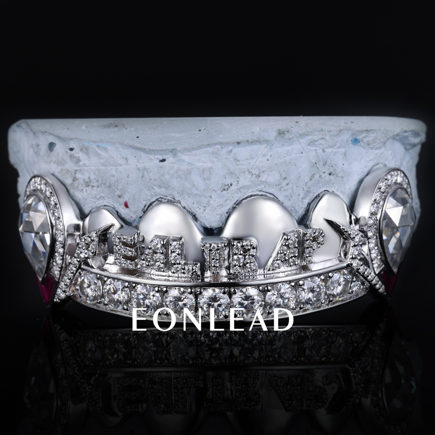 Custom Iced Out "REAL" Letter Top Grillz 925 Silver Plated 10K Gold Teeth Grillz Teardrop Diamond Ruby Enamel Fangs Hip Hop Dental Grills For Men Women Rapper Jewelry