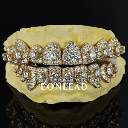 Eonlead Gold Plated 10 Top & Bottom Honeymoon Set Grillz Fully Iced Out Pave Moissanite Lab Diamond Grillz Hip Hop Jewelry Custom Grillz For Men Women