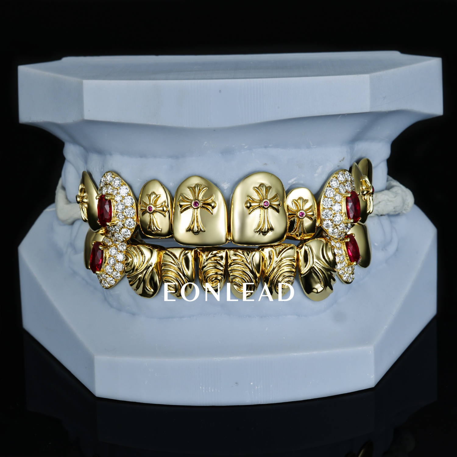 Custom 925 Silver Gold Plated Grillz Cross Engraved With Ruby & Iced Out Moissanite Lab Diamonds Top Bottom Teeth Grillz Hip Hop For Men Women