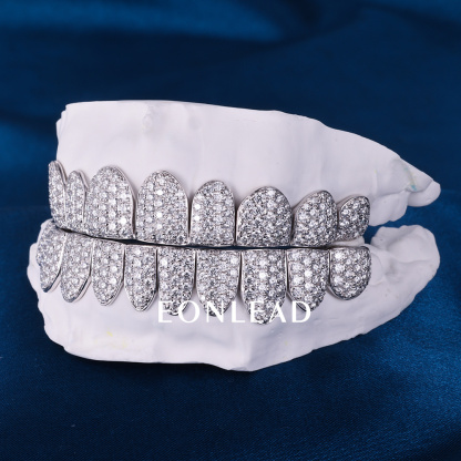 Custom Women Men Top & Bottom 10  S925 Silver White Gold Plated VVS Moissanite Diamond Iced out Teeth Grillz