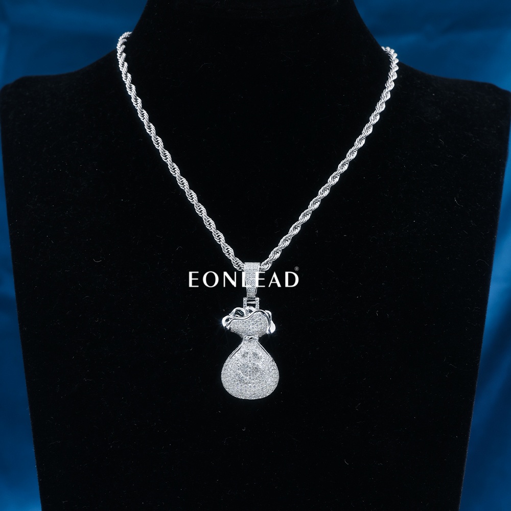 Handcrafted Heavy 3D Money Bag Pendant Full D VVS Moissanite Pave Embedded Dollar Symbol Silver Plated Luxury Hip Hop Wealth Jewelry