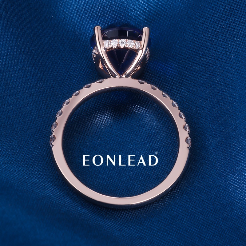 Oval Cut Lab Created Blue Sapphire Engagement Ring Rose Gold Plated Full Paved Lab Diamond Band Four Prong Large Blue Gemstone Wedding Promise Ring For Women Fine Jewelry