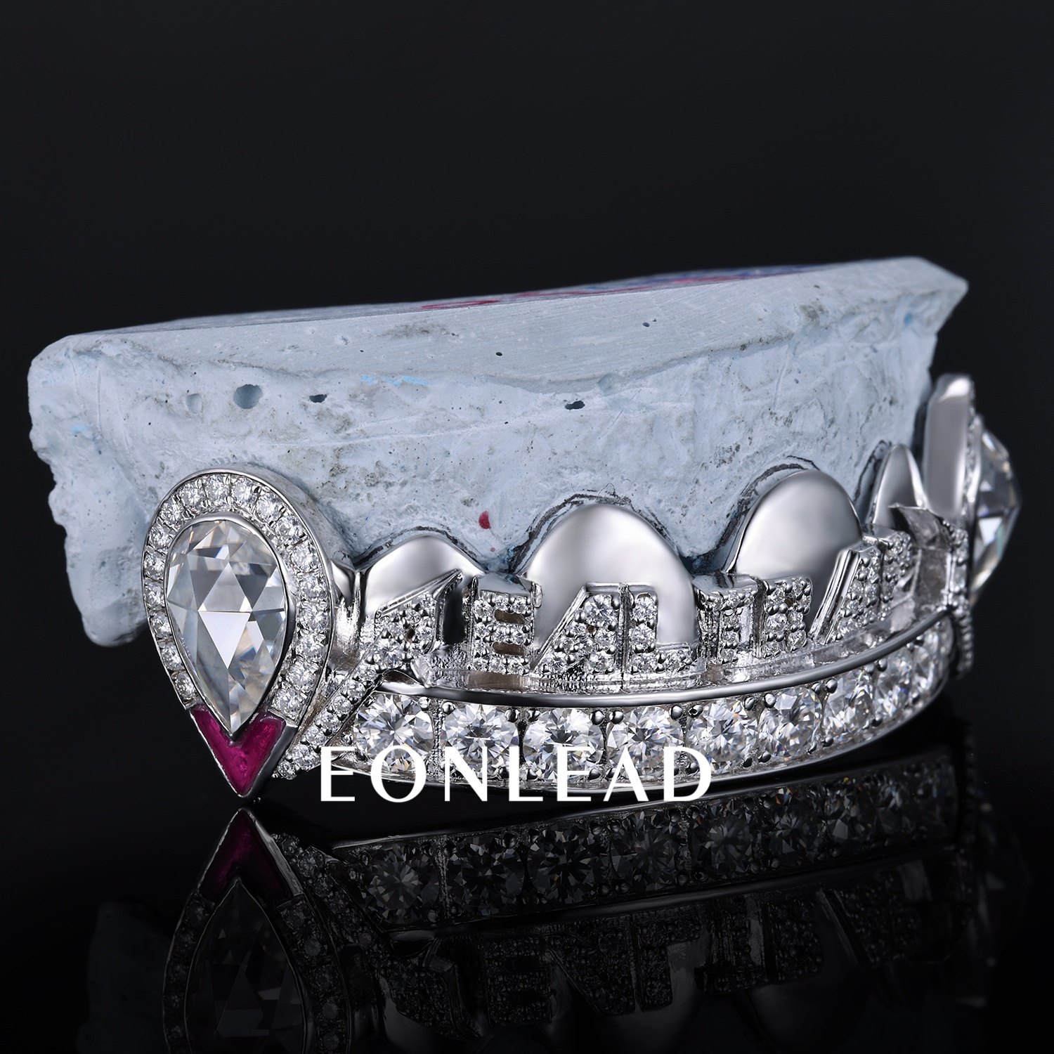 Custom Iced Out "REAL" Letter Top Grillz 925 Silver Plated 10K Gold Teeth Grillz Teardrop Diamond Ruby Enamel Fangs Hip Hop Dental Grills For Men Women Rapper Jewelry