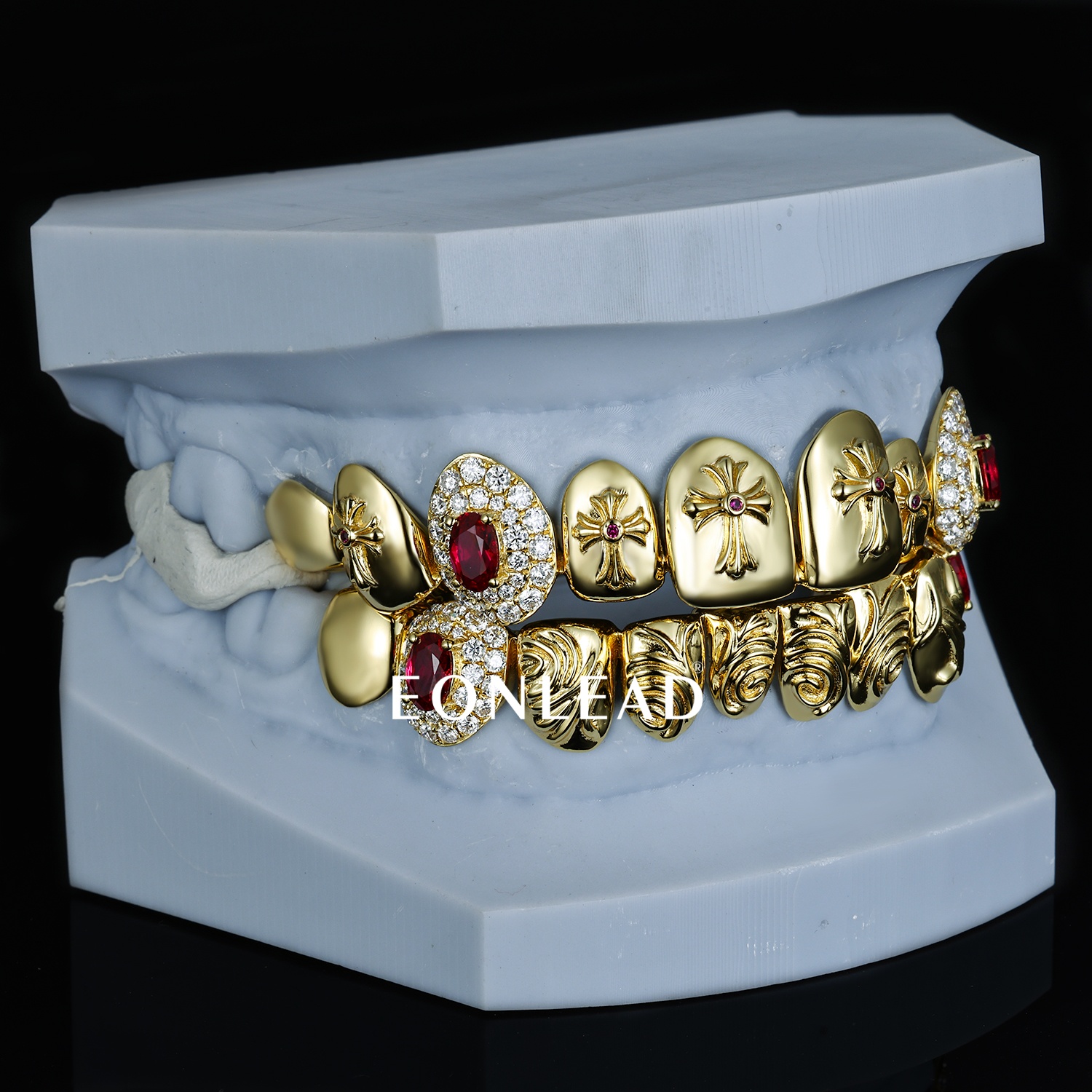 Custom 925 Silver Gold Plated Grillz Cross Engraved With Ruby & Iced Out Moissanite Lab Diamonds Top Bottom Teeth Grillz Hip Hop For Men Women