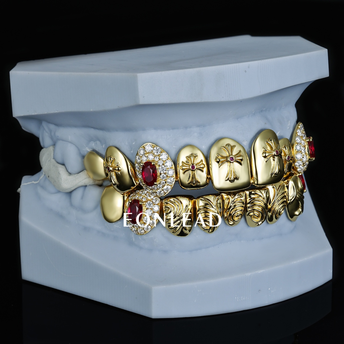 Custom 925 Silver Gold Plated Grillz Cross Engraved With Ruby & Iced Out Moissanite Lab Diamonds Top Bottom Teeth Grillz Hip Hop For Men Women
