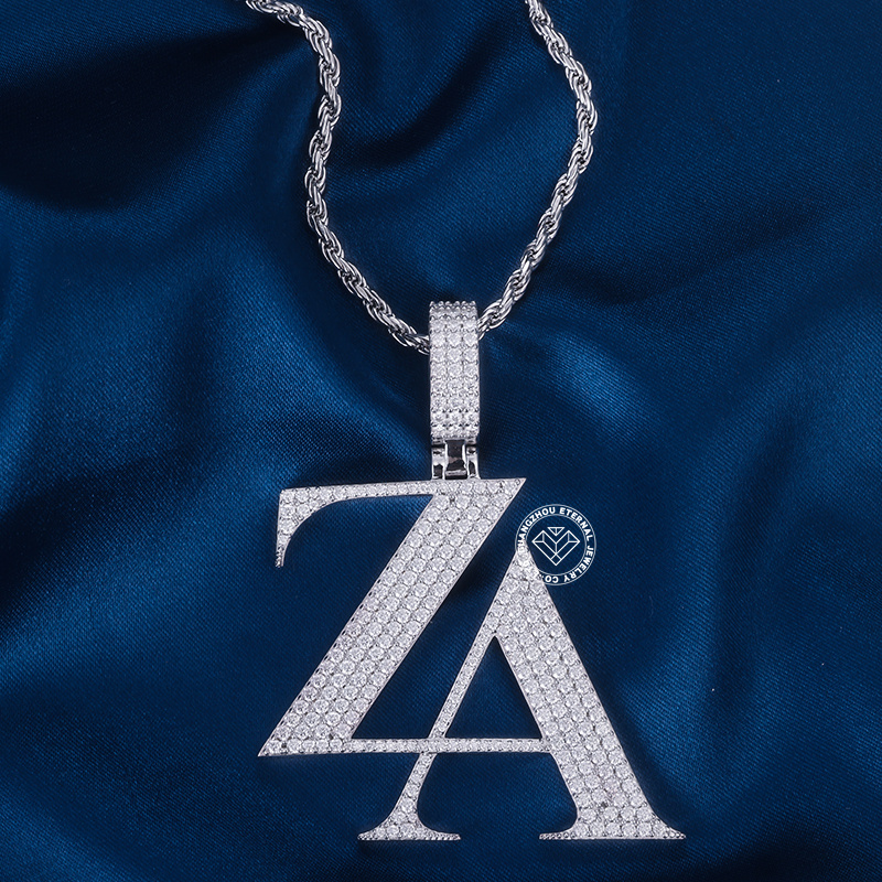CUSTOM 1.75INCHES S925 SILVER ICED OUT D VVS MOISSANITE DIAMOND “ZA” LETTER RAPPER HIP HOP PENDANT 