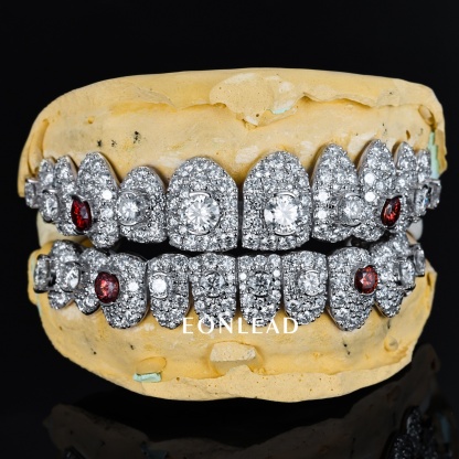 Custom Full Pave D VVS Moissanite Grillz Setting Big Round Diamond & Red Ruby Stones 925 Silver Iced Out Top Bottom Dental Teeth Grills Hip Hop Jewelry