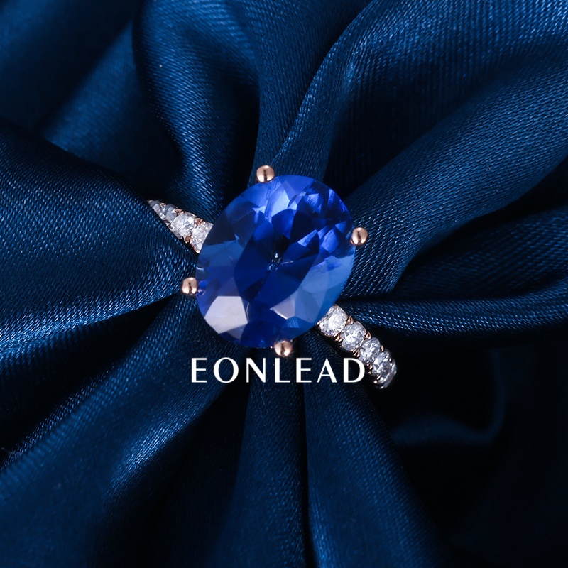 Oval Cut Lab Created Blue Sapphire Engagement Ring Rose Gold Plated Full Paved Lab Diamond Band Four Prong Large Blue Gemstone Wedding Promise Ring For Women Fine Jewelry