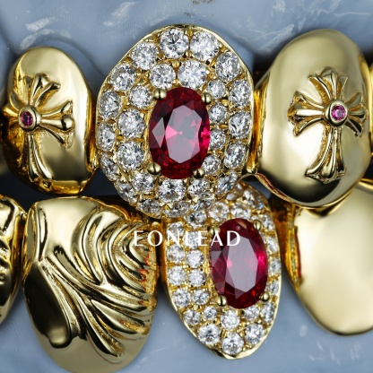 Custom 925 Silver Gold Plated Grillz Cross Engraved With Ruby & Iced Out Moissanite Lab Diamonds Top Bottom Teeth Grillz Hip Hop For Men Women