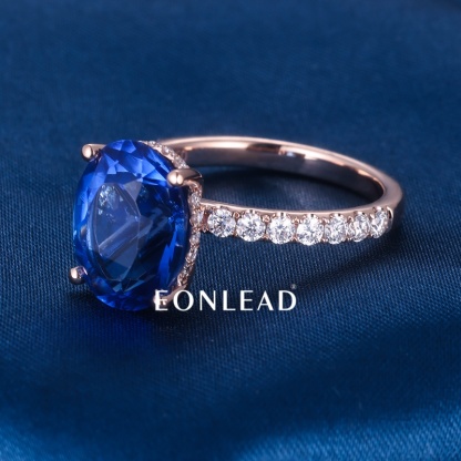 Oval Cut Lab Created Blue Sapphire Engagement Ring Rose Gold Plated Full Paved Lab Diamond Band Four Prong Large Blue Gemstone Wedding Promise Ring For Women Fine Jewelry