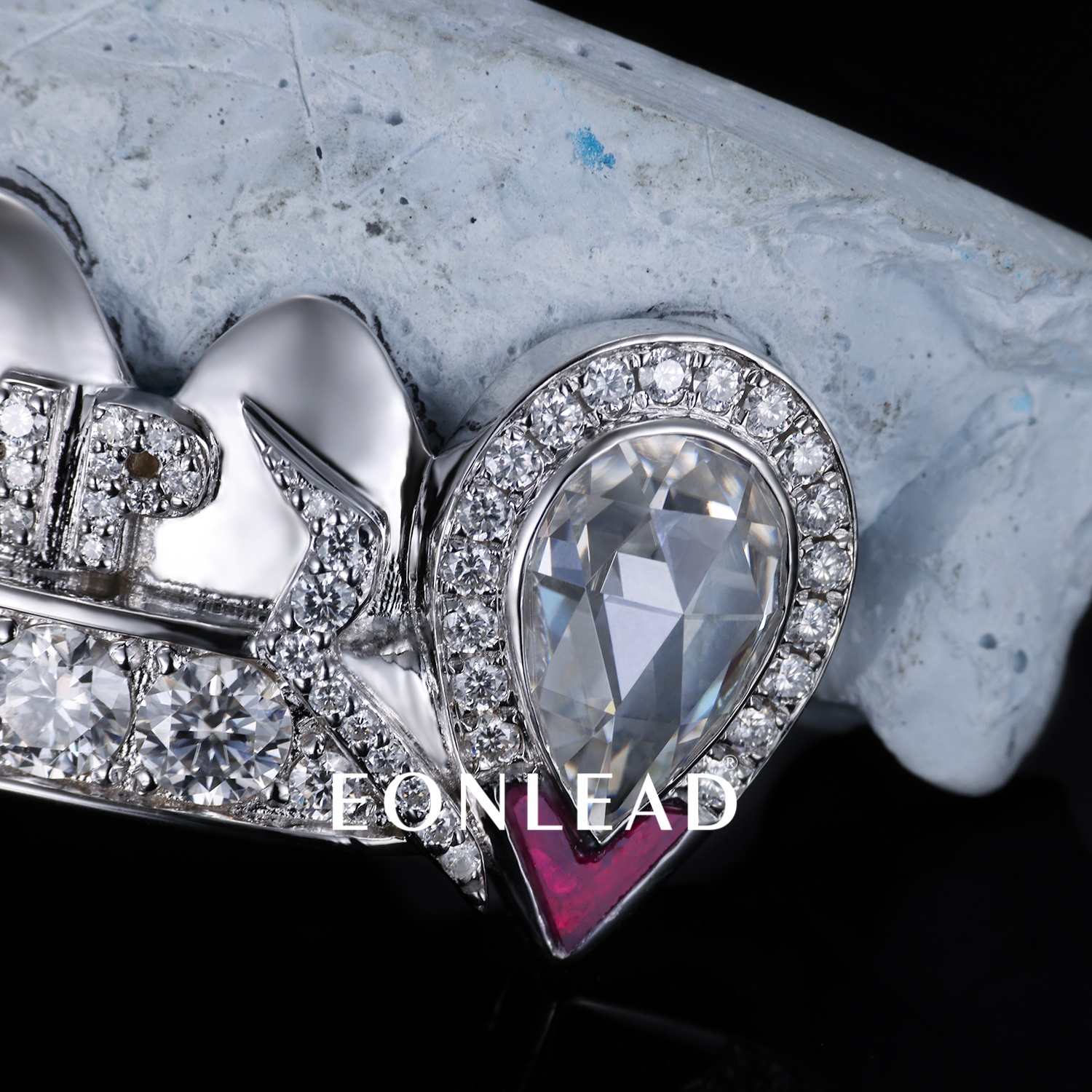 Custom Iced Out "REAL" Letter Top Grillz 925 Silver Plated 10K Gold Teeth Grillz Teardrop Diamond Ruby Enamel Fangs Hip Hop Dental Grills For Men Women Rapper Jewelry