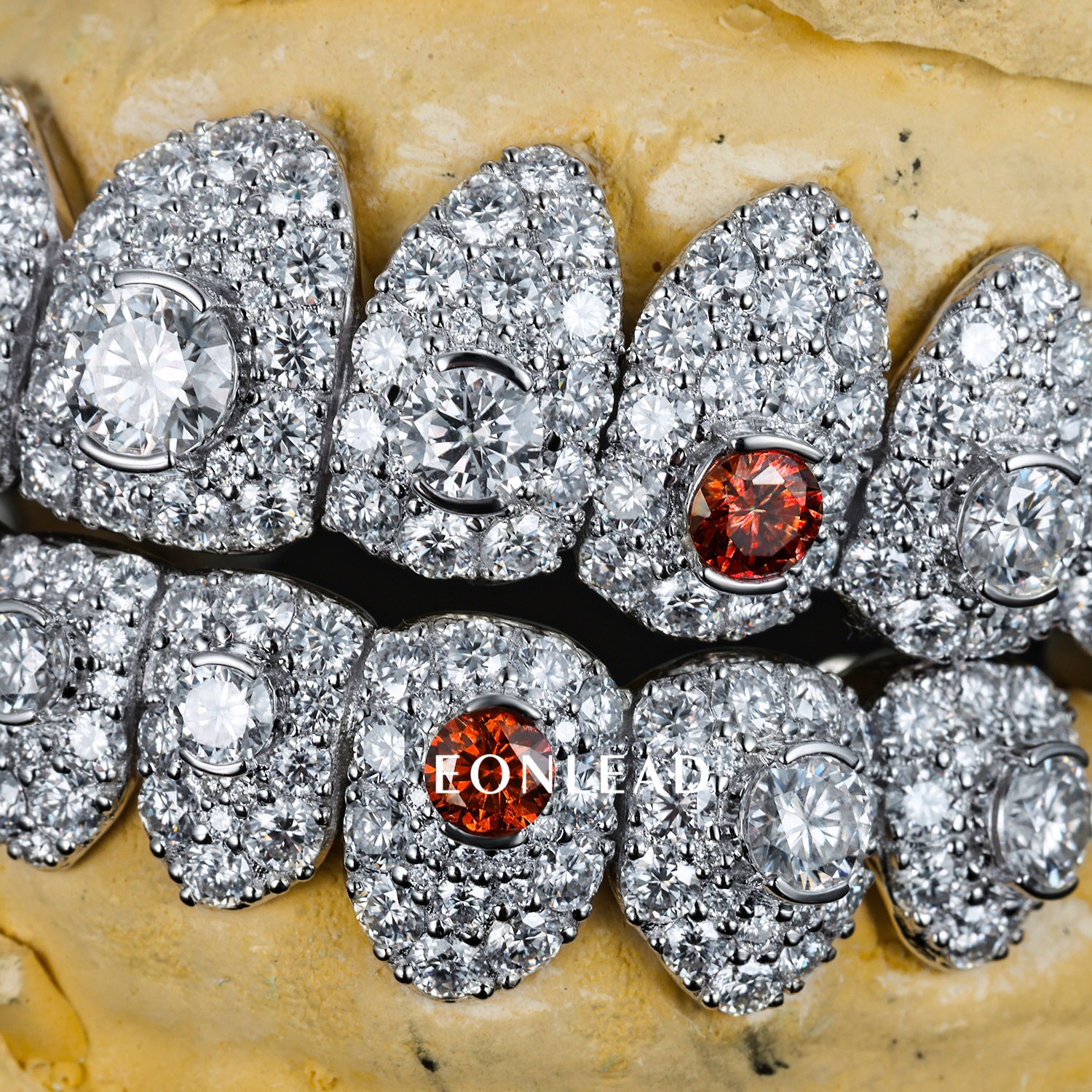 Custom Full Pave D VVS Moissanite Grillz Setting Big Round Diamond & Red Ruby Stones 925 Silver Iced Out Top Bottom Dental Teeth Grills Hip Hop Jewelry