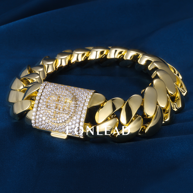 Custom 24mm 6-26inches S925 Silver Yellow Gold Plated D VVS Moissanite Diamond Cuban Chain Bracelet