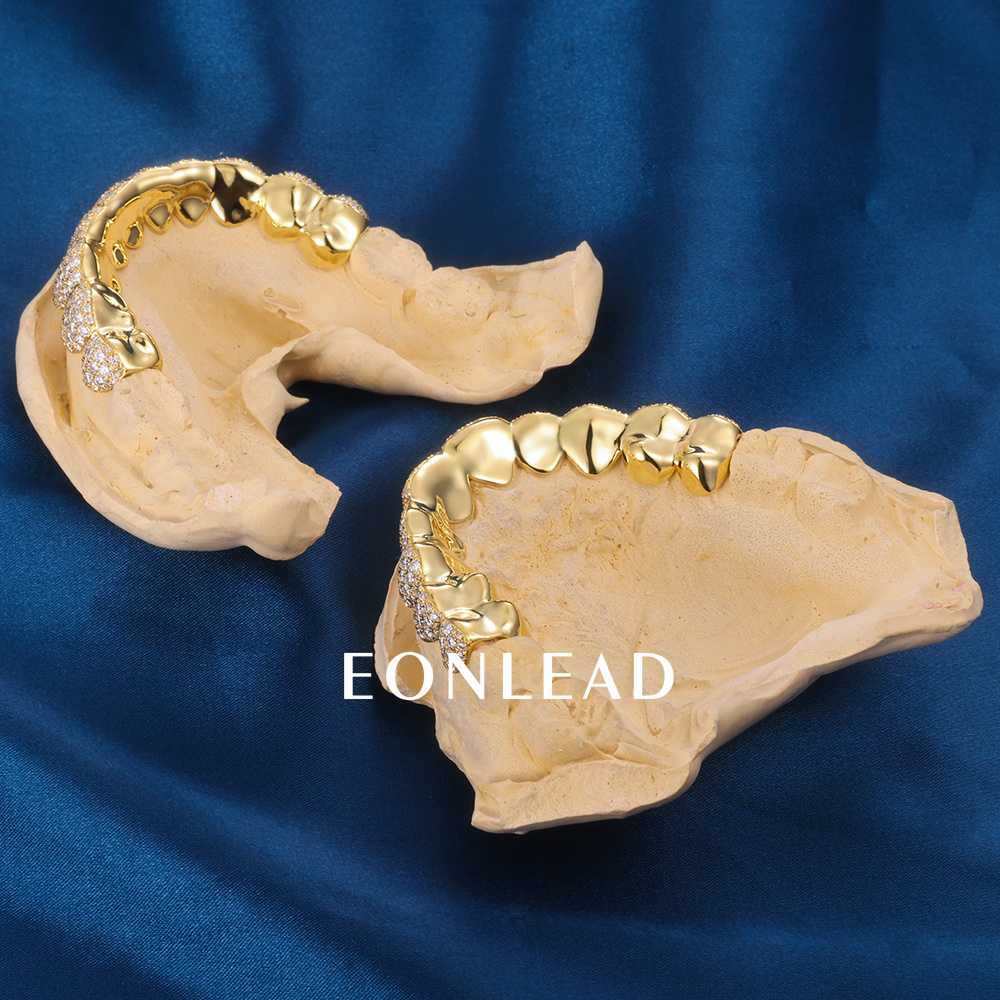 Custom Top & Bottom 10  S925 Silver Yellow Gold Plated VVS Moissanite Diamond Natural Cut Honeycomb Setting Teeth Grillz