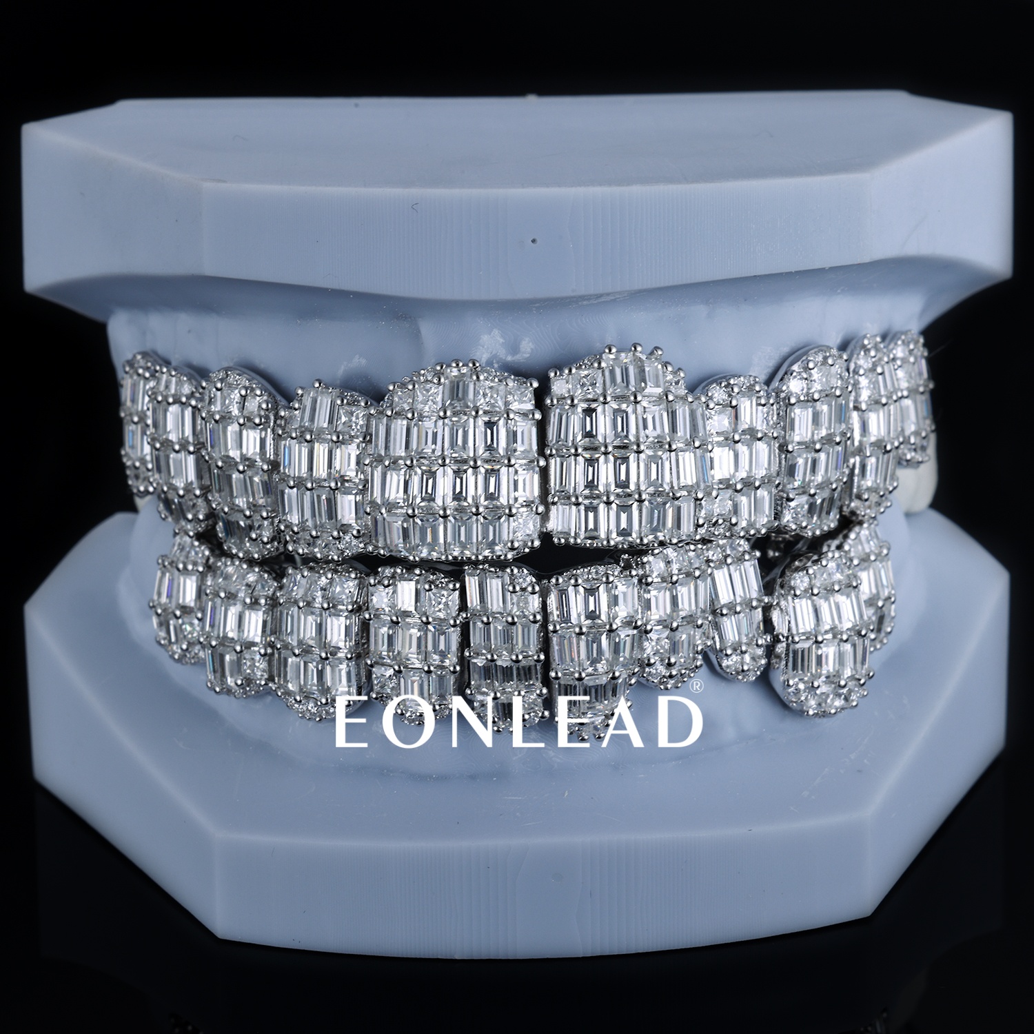 Custom 925 Silver 10 Top & Bottom Grillz Baguette Cut Full Pave Moissanite Lab Diamond Teeth Grillz Hip Hop Jewelry For Streetwear Accessory