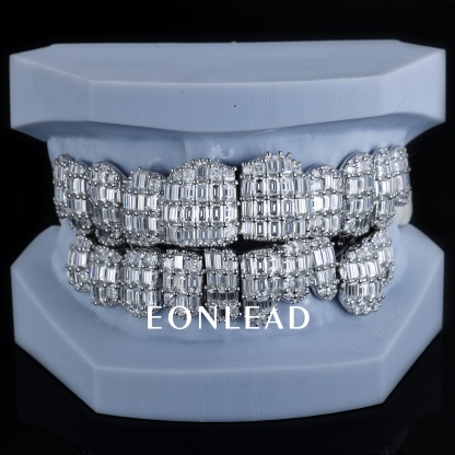 Custom 925 Silver 10 Top & Bottom Grillz Baguette Cut Full Pave Moissanite Lab Diamond Teeth Grillz Hip Hop Jewelry For Streetwear Accessory