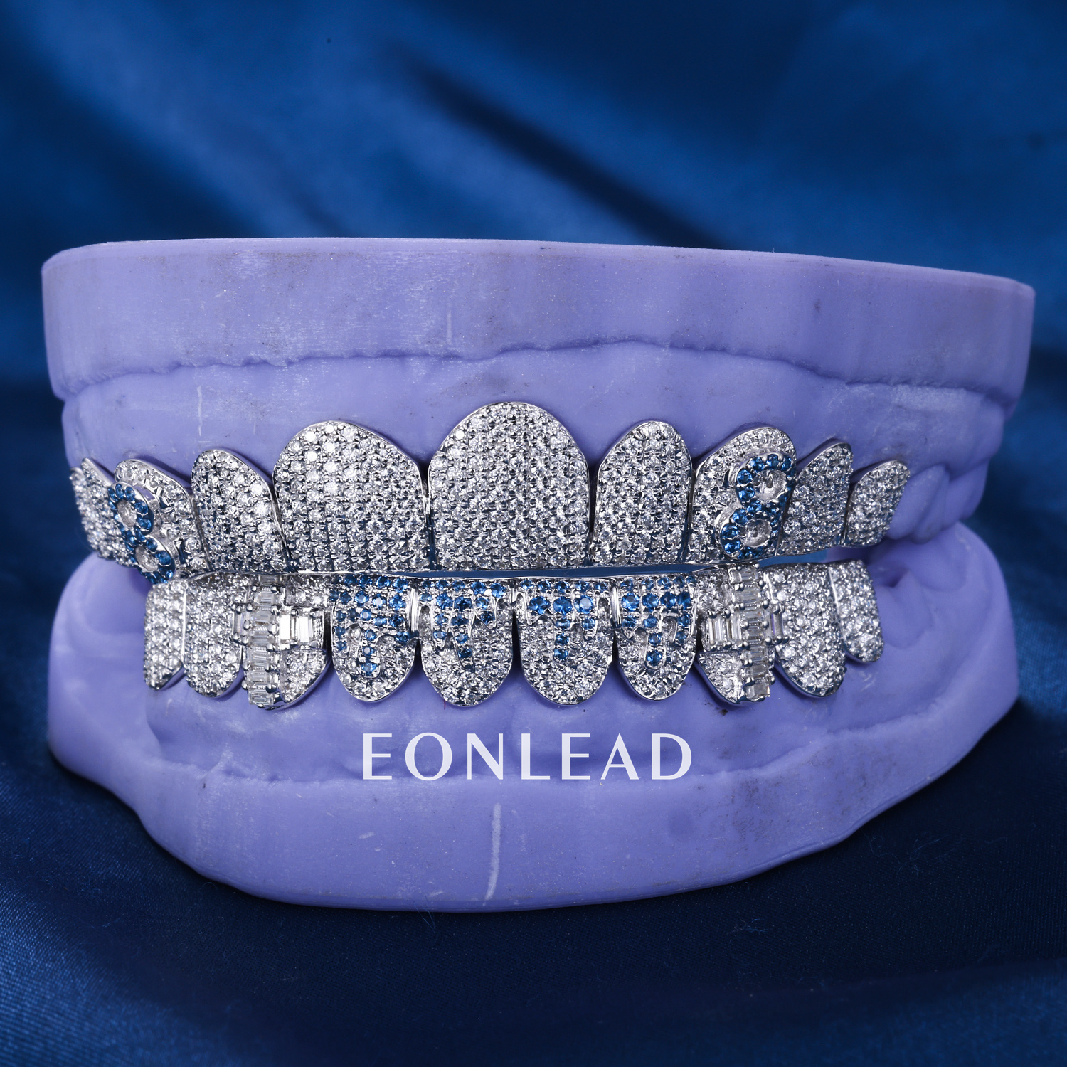 Custom S925 Silver White Gold Plated Top & Bottom 2 - 10 Round cut D VVS Moissanite Diamond Iced Out Blue Flame Teeth Grillz for Men Women