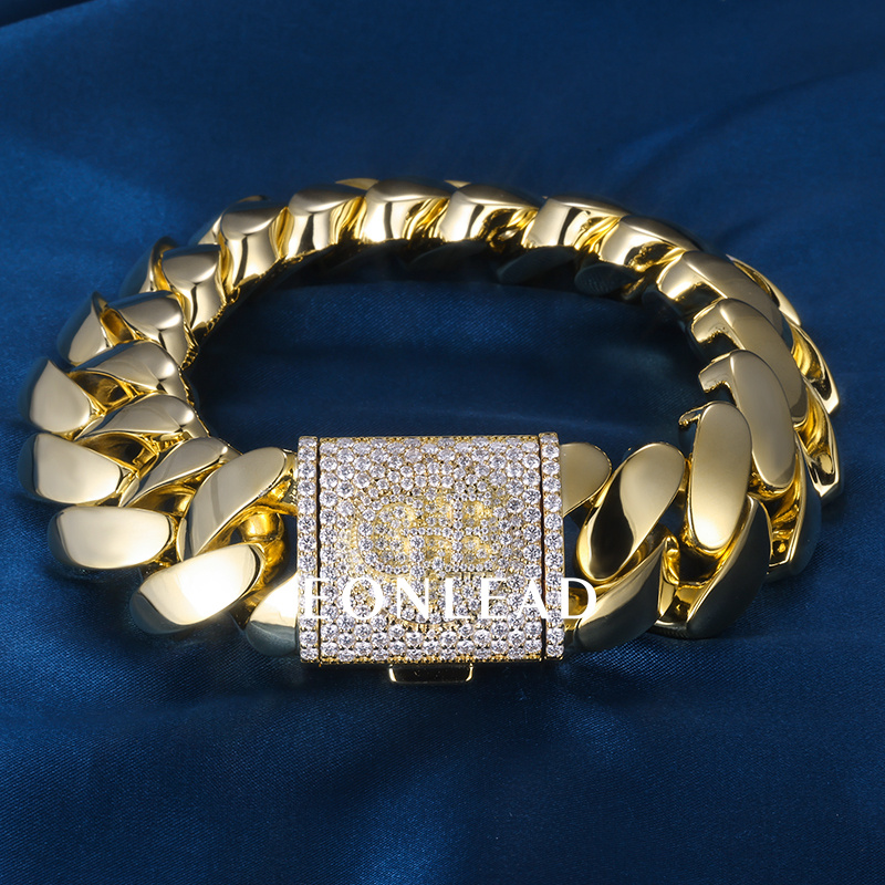 Custom 24mm 6-26inches S925 Silver Yellow Gold Plated D VVS Moissanite Diamond Cuban Chain Bracelet