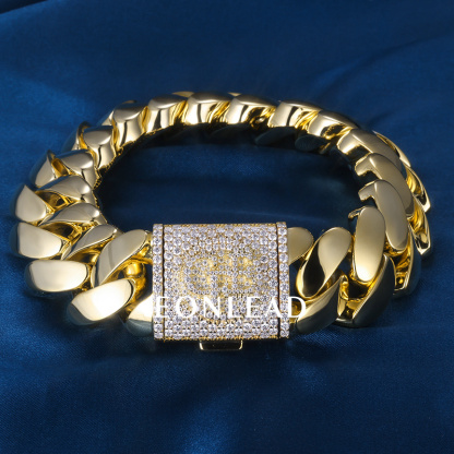 Custom 24mm 6-26inches S925 Silver Yellow Gold Plated D VVS Moissanite Diamond Cuban Chain Bracelet