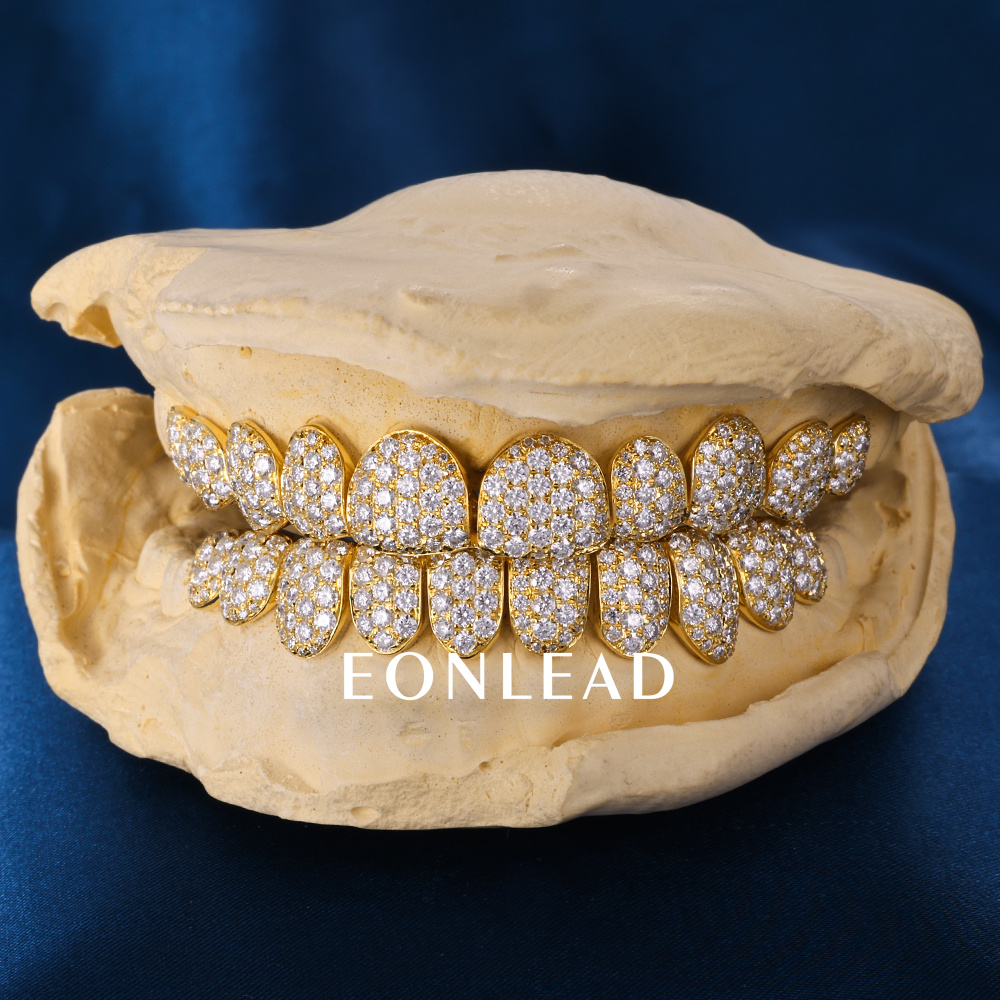 Custom Top & Bottom 10  S925 Silver Yellow Gold Plated VVS Moissanite Diamond Natural Cut Honeycomb Setting Teeth Grillz
