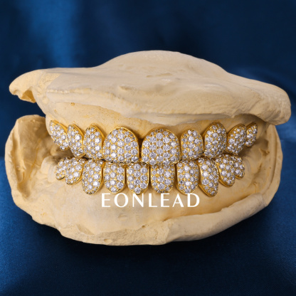 Custom Top & Bottom 10  S925 Silver Yellow Gold Plated VVS Moissanite Diamond Natural Cut Honeycomb Setting Teeth Grillz