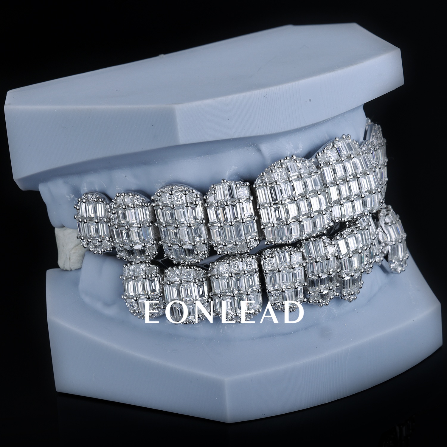 Custom 925 Silver 10 Top & Bottom Grillz Baguette Cut Full Pave Moissanite Lab Diamond Teeth Grillz Hip Hop Jewelry For Streetwear Accessory