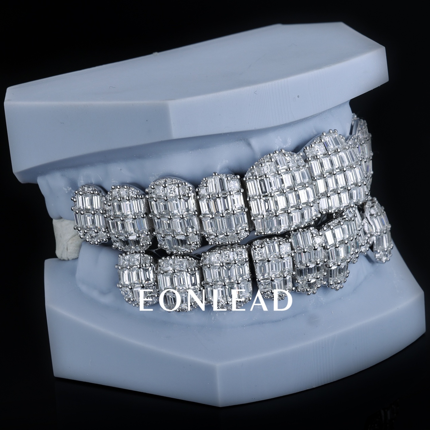 Custom 925 Silver 10 Top & Bottom Grillz Baguette Cut Full Pave Moissanite Lab Diamond Teeth Grillz Hip Hop Jewelry For Streetwear Accessory