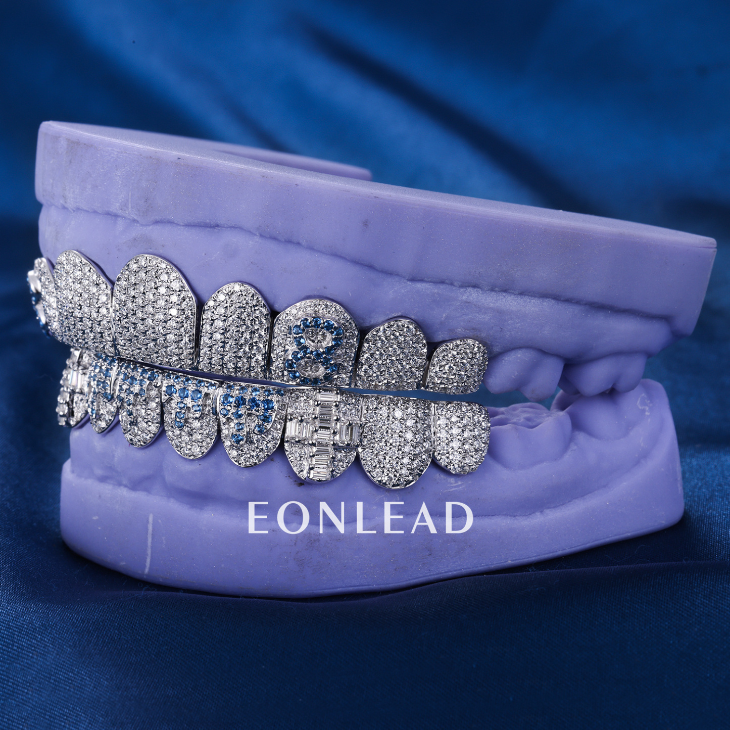 Custom S925 Silver White Gold Plated Top & Bottom 2 - 10 Round cut D VVS Moissanite Diamond Iced Out Blue Flame Teeth Grillz for Men Women