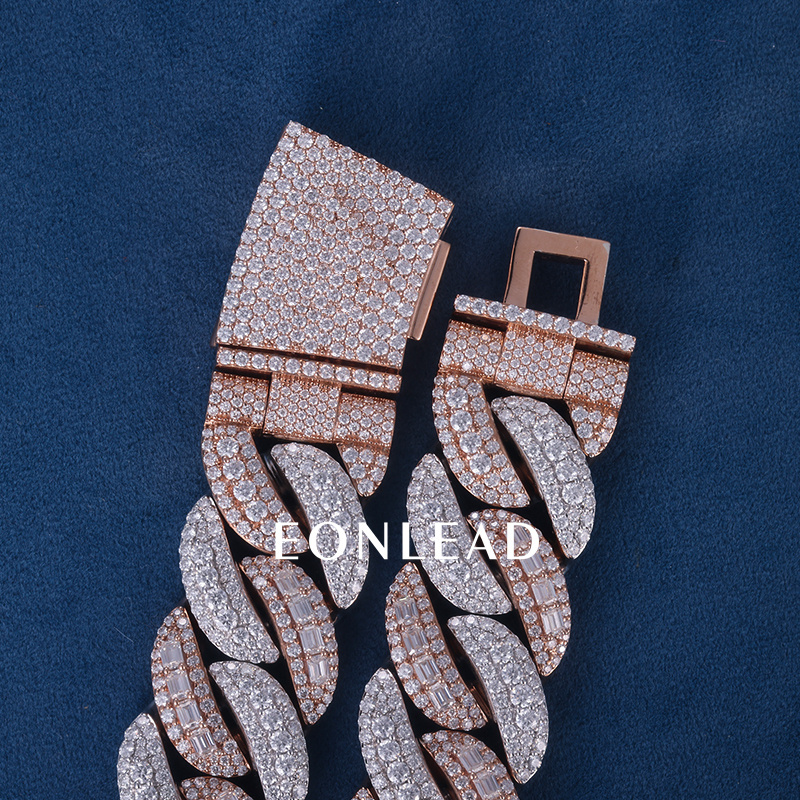 Custom 22mm 6-26inches S925 Silver Rose White Gold Plated Round & Emerald cut VVS Moissanite Diamond Cuban Chain Bracelet Necklace