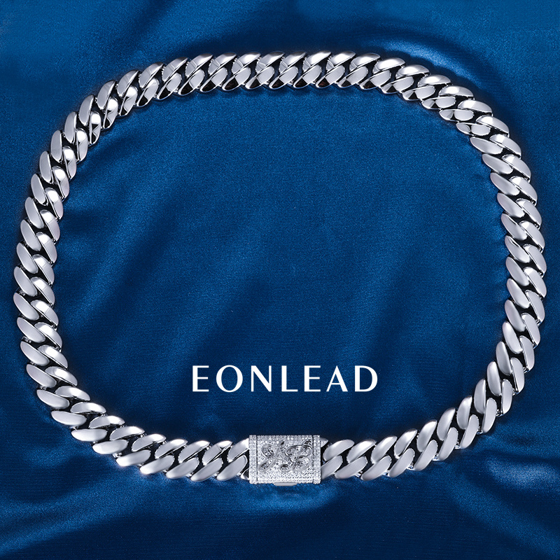 Custom 14mm 6-26inches S925 Silver White Gold Plated D VVS Moissanite Diamond Clasp Cuban Chain Bracelet Necklace