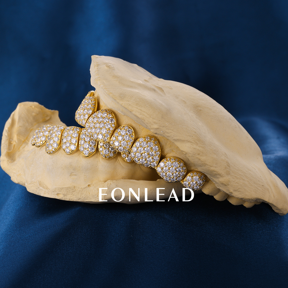 Custom Top & Bottom 10  S925 Silver Yellow Gold Plated VVS Moissanite Diamond Natural Cut Honeycomb Setting Teeth Grillz