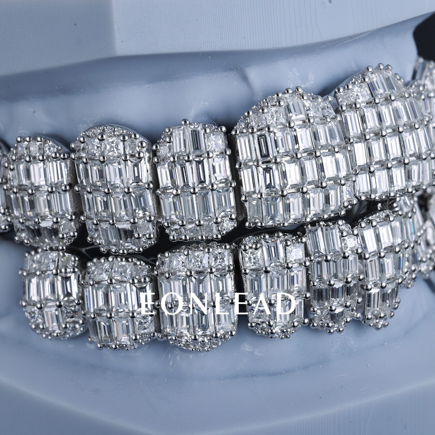 Custom 925 Silver 10 Top & Bottom Grillz Baguette Cut Full Pave Moissanite Lab Diamond Teeth Grillz Hip Hop Jewelry For Streetwear Accessory