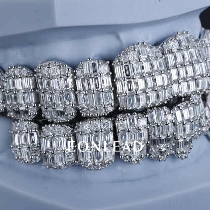 Custom 925 Silver 10 Top & Bottom Grillz Baguette Cut Full Pave Moissanite Lab Diamond Teeth Grillz Hip Hop Jewelry For Streetwear Accessory