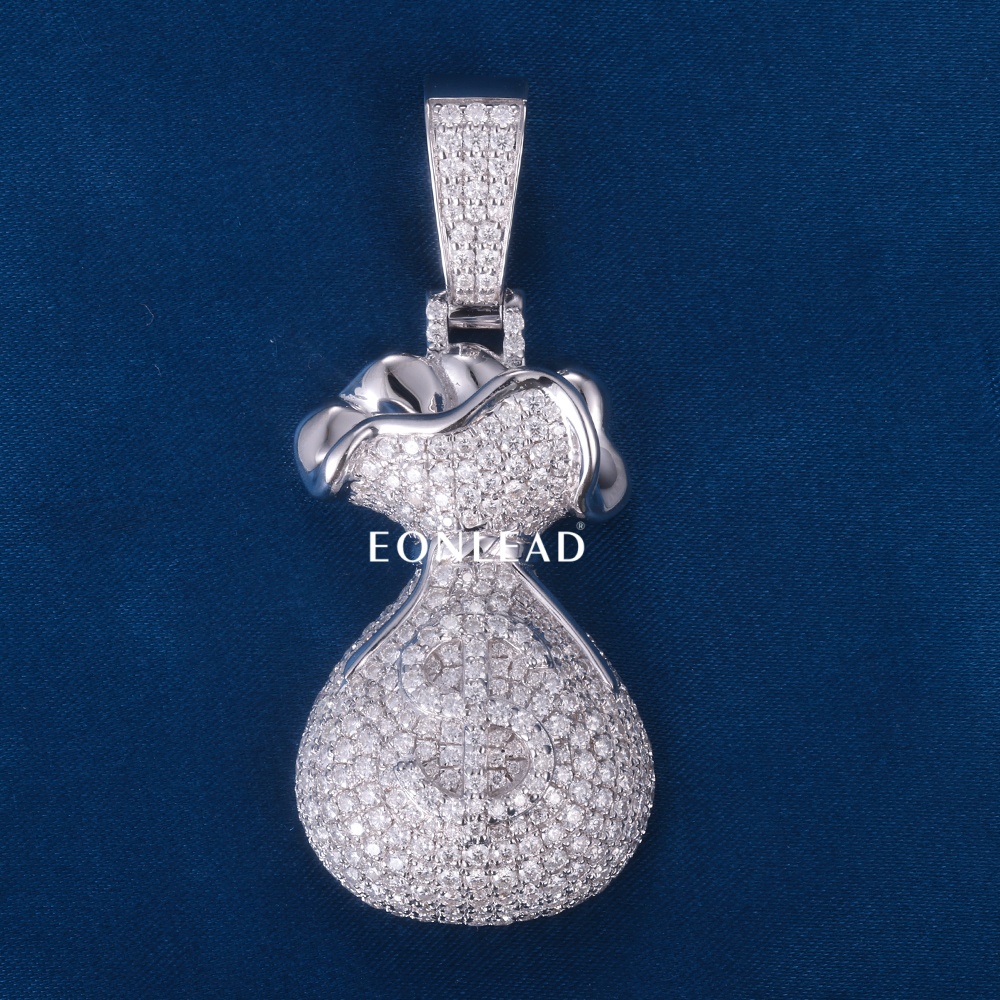Handcrafted Heavy 3D Money Bag Pendant Full D VVS Moissanite Pave Embedded Dollar Symbol Silver Plated Luxury Hip Hop Wealth Jewelry