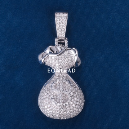 Handcrafted Heavy 3D Money Bag Pendant Full D VVS Moissanite Pave Embedded Dollar Symbol Silver Plated Luxury Hip Hop Wealth Jewelry