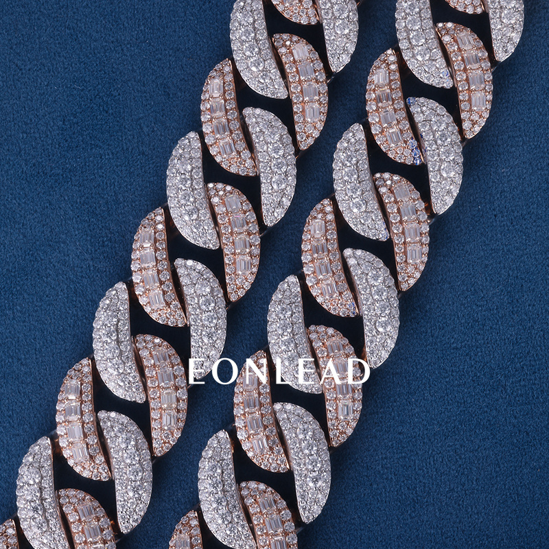 Custom 22mm 6-26inches S925 Silver Rose White Gold Plated Round & Emerald cut VVS Moissanite Diamond Cuban Chain Bracelet Necklace