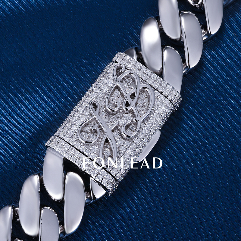 Custom 14mm 6-26inches S925 Silver White Gold Plated D VVS Moissanite Diamond Clasp Cuban Chain Bracelet Necklace