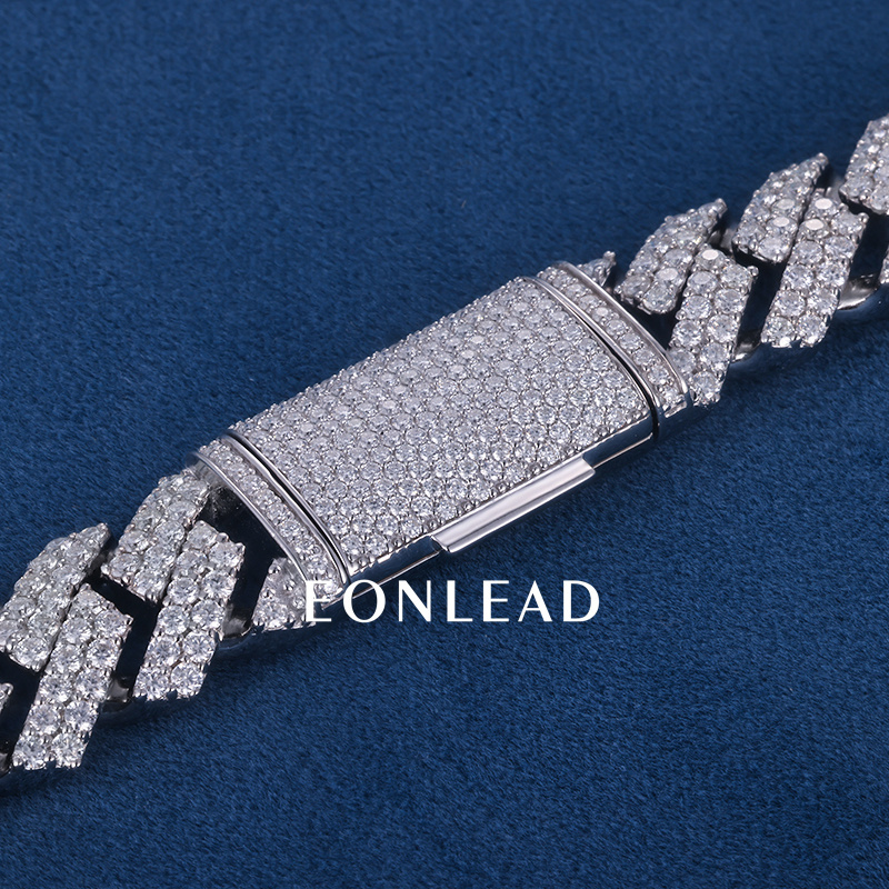 15mm 6-26inches S925 Silver White Gold Plated VVS Moissanite Diamond Cuban Chain Bracelet Necklace