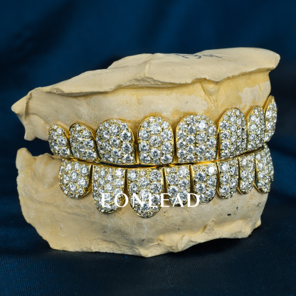 Custom Top & Bottom 10  S925 Silver Yellow Gold Plated VVS Moissanite Diamond Perm cut Honeycomb Setting Teeth Grillz