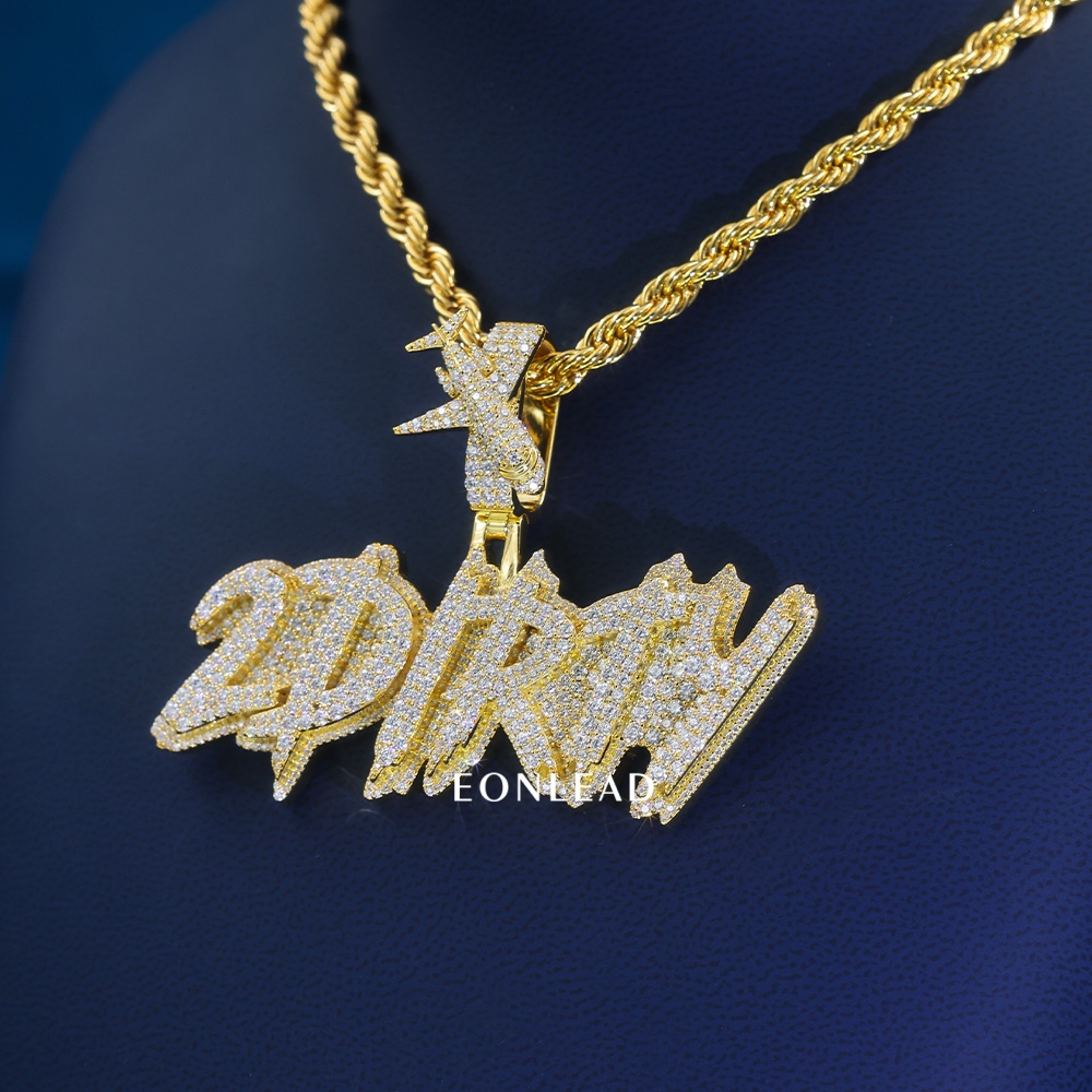 CustomGold Plated Full Iced VVS Moissanite Drip Script Pendant Airplane Shape Bail Hip Hop Personalized Letter Necklace