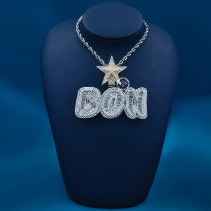 CUSTOM 3INCHES S925 SILVER TWO-TONE ICED OUT D VVS MOISSANITE DIAMOND “BON” LETTER RAPPER HIP HOP PENDANT