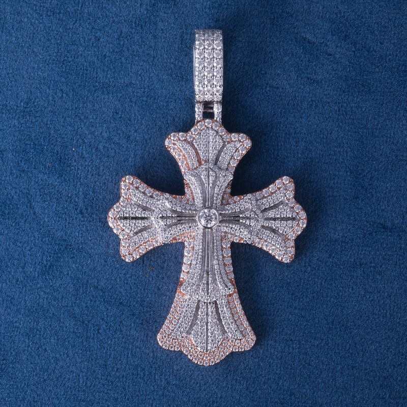 CUSTOM 2.5INCHES S925 SILVER TWO-TONE ICED OUT D VVS MOISSANITE DIAMOND RAPPER HIP HOP CROSS PENDANT