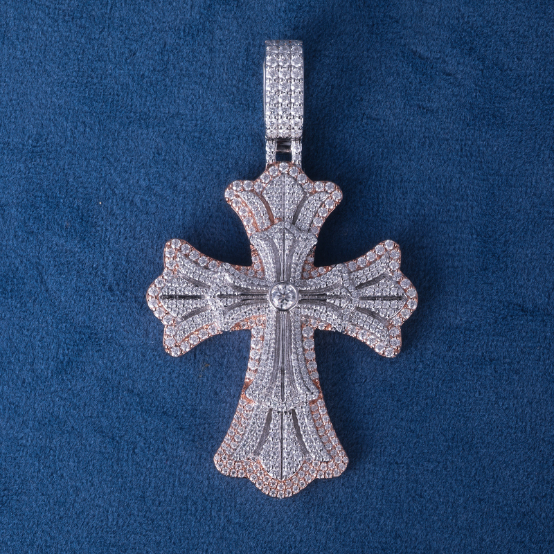 CUSTOM 2.5INCHES S925 SILVER TWO-TONE ICED OUT D VVS MOISSANITE DIAMOND RAPPER HIP HOP CROSS PENDANT